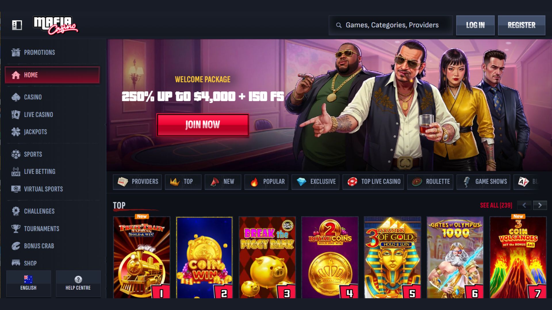 Mafia Casino desktop view showcasing fast withdrawals and pokies